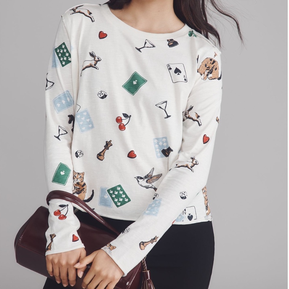 ♠️Anthropologie Caitlyn Long Sleeve Boxy Tee Maeve New Medium Cat Bird Ace Bunny - Picture 4 of 16